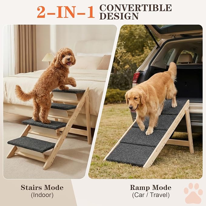Dog Ramp,2-in-1 Foldable Pet Stairs for High Beds, 4 Steps Dog Steps | Upgraded Anti-Slip Features, Suitable for Couch, Car, Bed and Joint-Friendly Senior Durable Dog Stairs