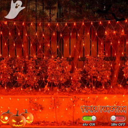 YEGUO Orange Halloween Lights, 12ft x 5ft 360 LED Net Lights Outdoor Mesh Lights, 8 Modes Clear Wire Christmas Bush Light Plug in