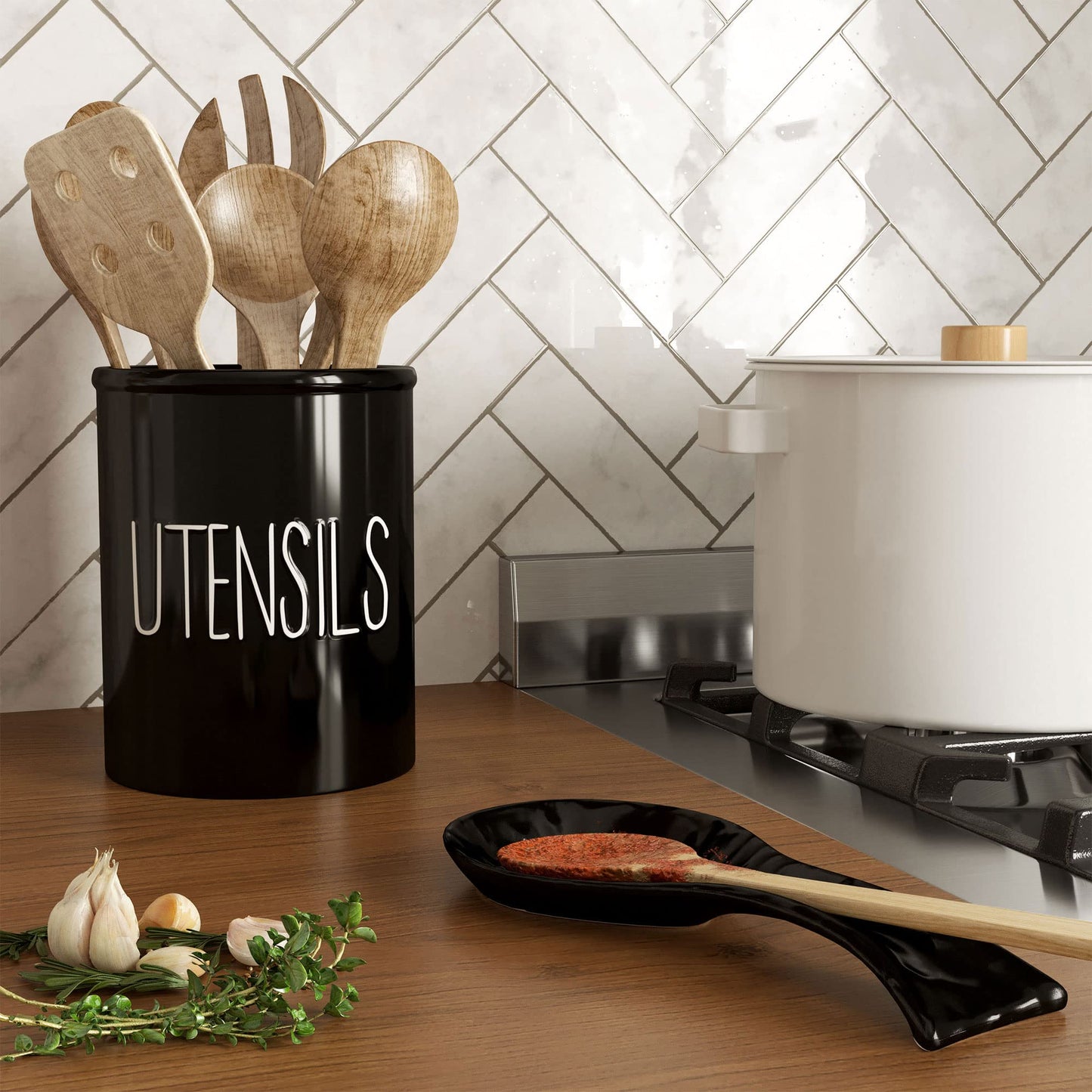 Barnyard Designs Ceramic Farmhouse Kitchen Utensil Holder for Countertop, Decorative Kitchen Utensil Crock for Counter, Spatula Holder, 7" (Black)