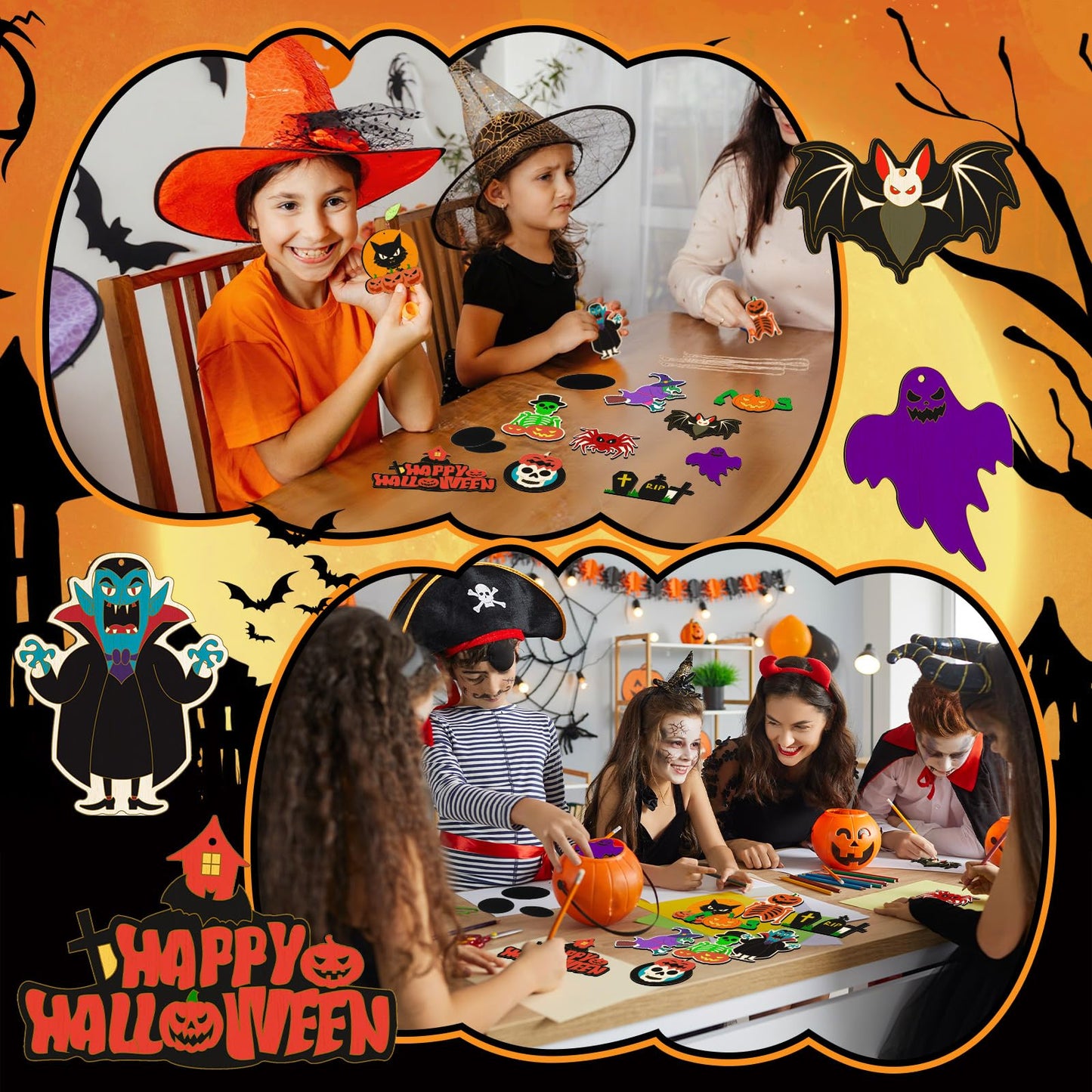 Jenaai 72 Pcs Halloween DIY Wooden Magnets Crafts Kit Refrigerator Decoration Halloween Painting Magnetic Stickers Pumpkins Bats Ghost Hanging Magnets for Garage Door Mailbox Decor