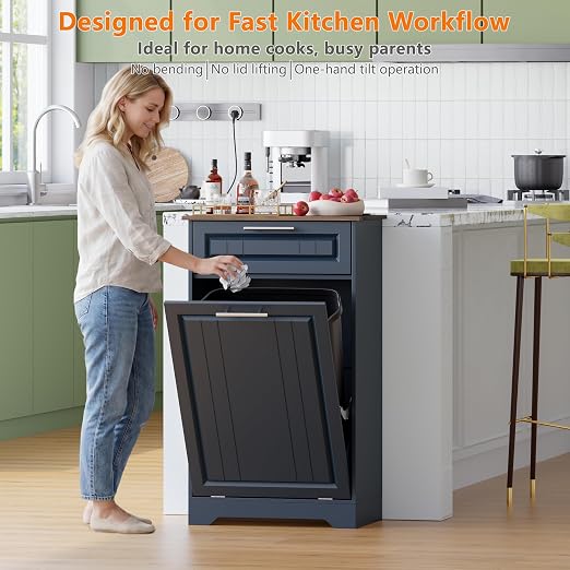 Single 10 Gallon Tilt Out Trash Can Cabinet with Deodorizing Function, Wooden Hidden Garbage Can Holder with Storage Drawers for Kitchen and Dining Room, Laundry Hamper Cabinet for Bathroom, Blue