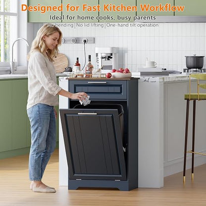 Single 10 Gallon Tilt Out Trash Can Cabinet with Deodorizing Function, Wooden Hidden Garbage Can Holder with Storage Drawers for Kitchen and Dining Room, Laundry Hamper Cabinet for Bathroom, Blue