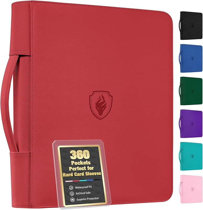 Fabmaker Top Load Binder Holds 360 Cards, Portable Card Binder with Retractable Handle, Side Loading Trading Card Storage for 3" x 4" Hard Card Sleeves, Collectible Case for Games, Sports Cards, Red