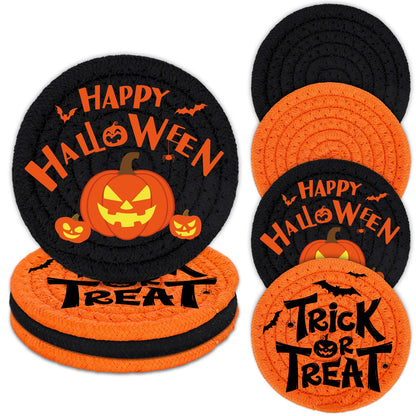 Whaline Happy Halloween Cotton Coasters Black Orange Pumpkin Face Handmade Braided Drink Coasters Trick or Treat Absorbent Cup Mats for Party Home Table Decor, Set of 4