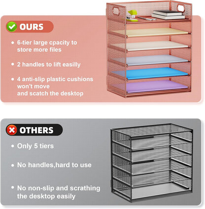 Marbrasse 6 Tier Paper Organizer Letter Tray - Mesh Desk File Organizer with Handle, Paper Sorter Organizer for Letter/A4 Office File Folder Holder - Rose Gold