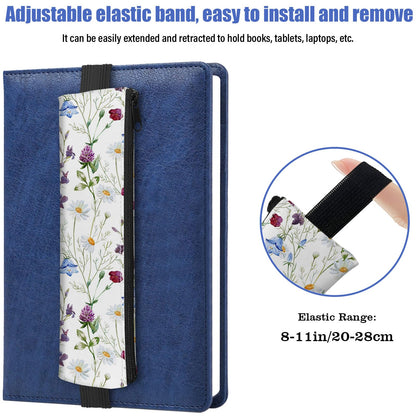 Kakurookie 4 Pack Elastic Pen Holder for Notebook, Prints Pen Pouch with Elastic Band and Zipper, Leather Pen Holder for Planners, Journals, Book