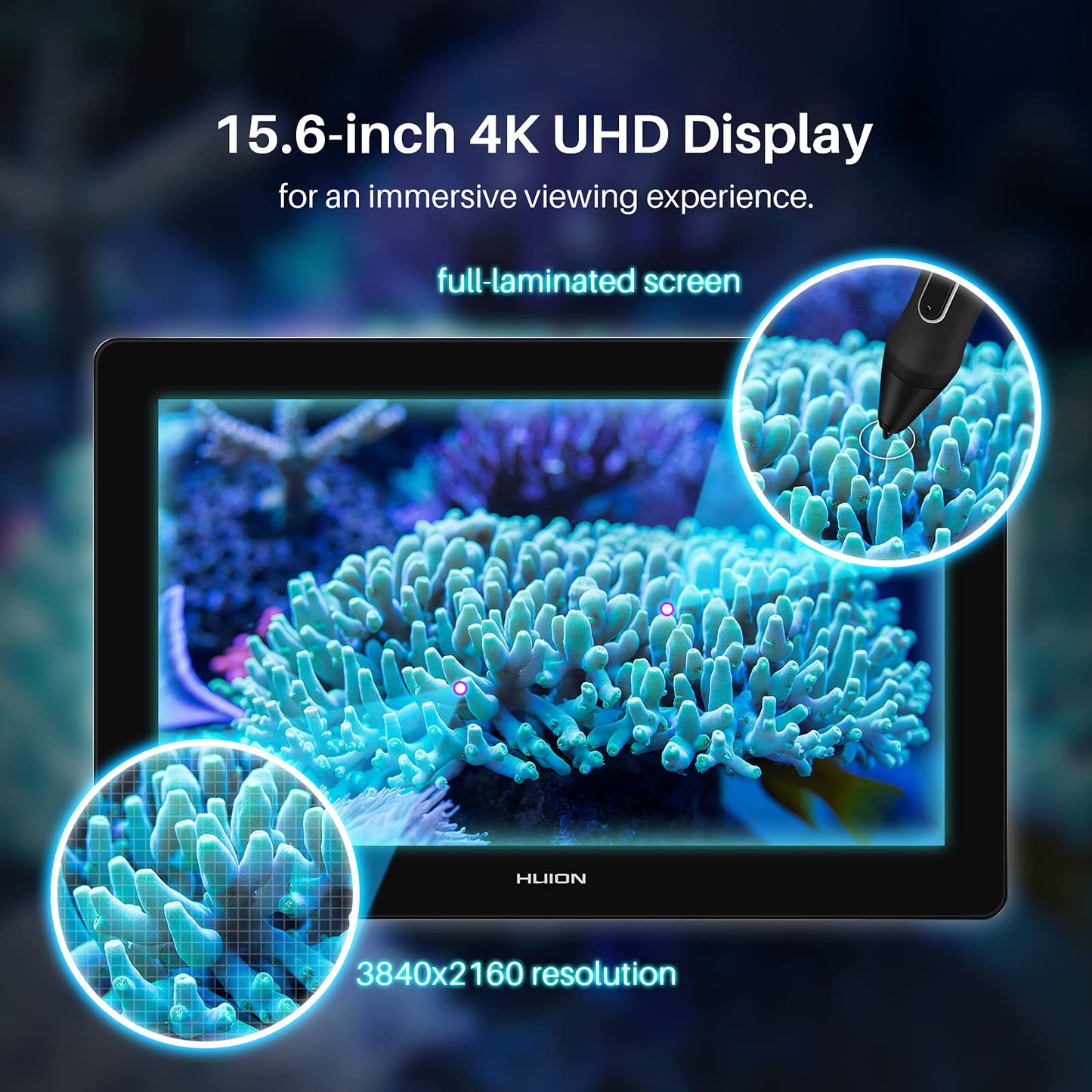 HUION Kamvas Pro 16 Plus 4K UHD Drawing Tablet with Screen Full Laminated 145% sRGB Art Tablet with Battery-Free Stylus, 15.6-inch Graphics Tablet for PC, Mac, Linux, Android