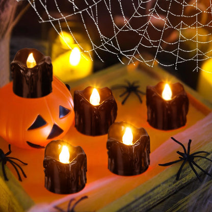 Renbuzhu 24Pcs Halloween Decorations Indoor Candles Black Tea Lights: Led Flameless Tealight Battery Operated Table Decor with Spider Webs (No Timer&Remote)