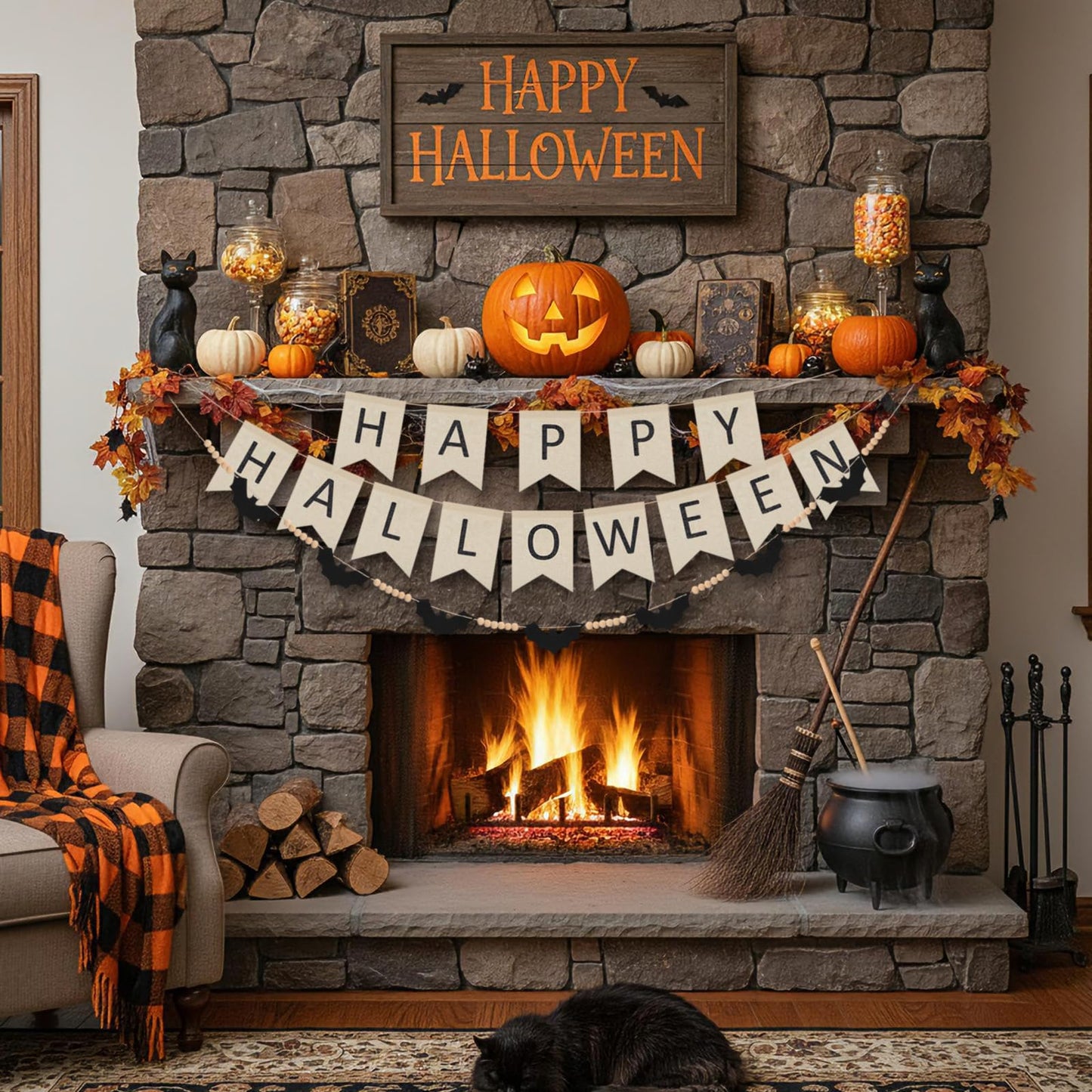 SmoothNovelty 2 Sets Halloween Decoration Wooden Felt Bat Bead Wreath Banner and Halloween Pull Flag Banner for Farmhouse Bat Wreath Decor for Mantel and Wall