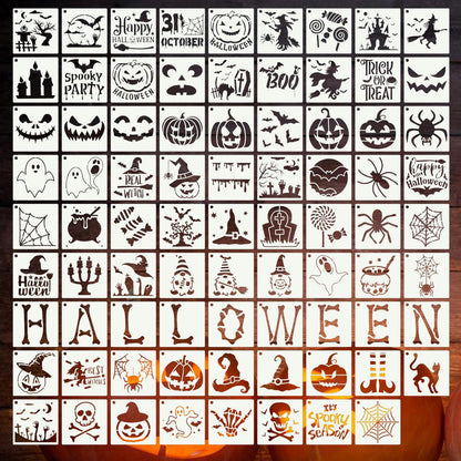 DZXCYZ 80 Pcs 3 x 3 Inch Halloween Stencils for Painting on Wood, Reusable Happy Pumpkin Spider Web Stencil DIY Ornaments Ghost Paint Template Set for Wall Door Home Decor