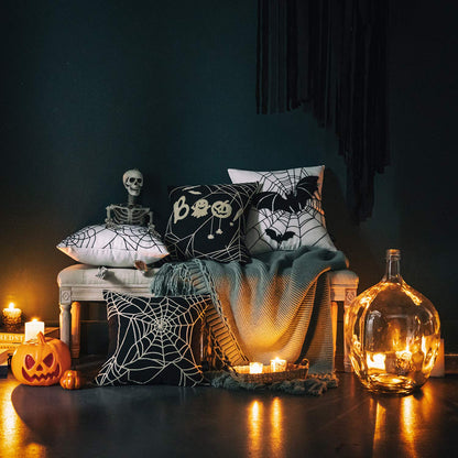 Phantoscope Set of 4 Happy Halloween Decorative Throw Pillow Covers, Handcrafted Embroidery Spider Web Black Bats and Cute Ghost Pillowcase Cushion Cover, Black and White, 18 x 18 inch, 45 x 45 cm
