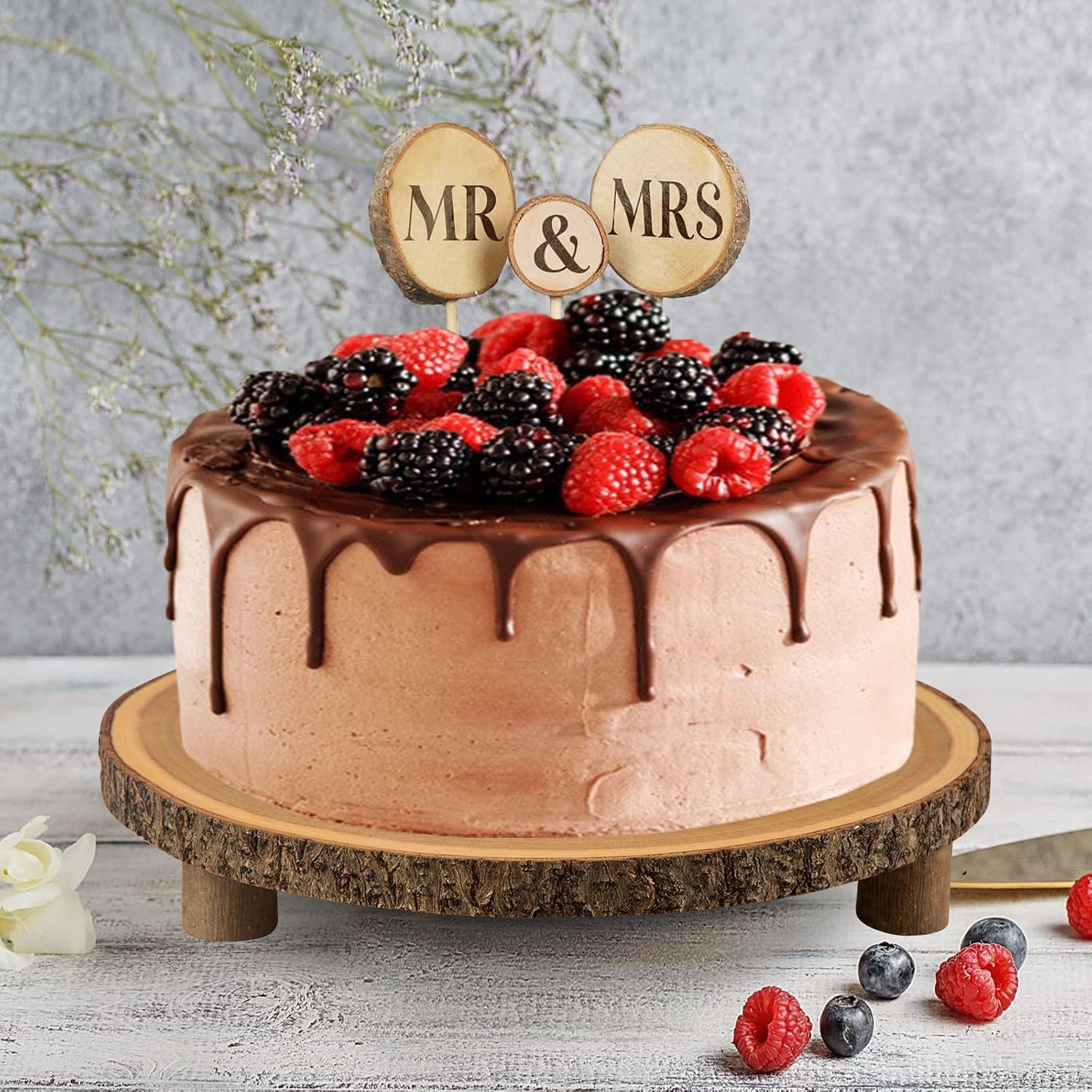 SogYupk Rustic Wood Cake Stand - 11-13 Inch Wooden Slice with Legs for Elegant Wedding, Birthday, & Woodland-Themed Parties（1Pcs）