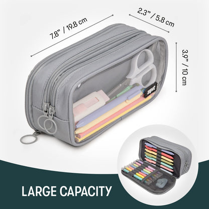 ZIPIT Half & Half Pencil Case, 3 Compartment Zipper Pouch for School, Stationery Bag for Teen Girls Boys and Adults, Grey