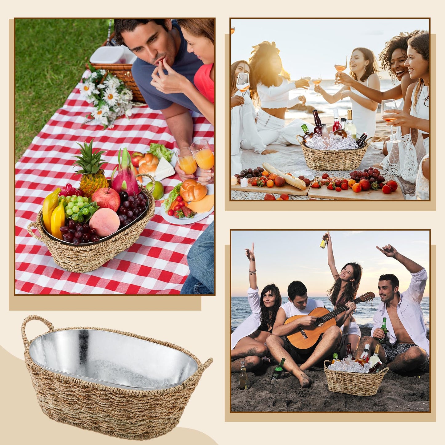Domensi 2 Pcs Small 11.4L 3 Gallons Ice Bucket with Wicker Outer Basket Handle Beverage Tub Grass Rope Woven Detachable Farmhouse Galvanized Bucket for Party Seaside Bar Buffet Wine Beer Bottle
