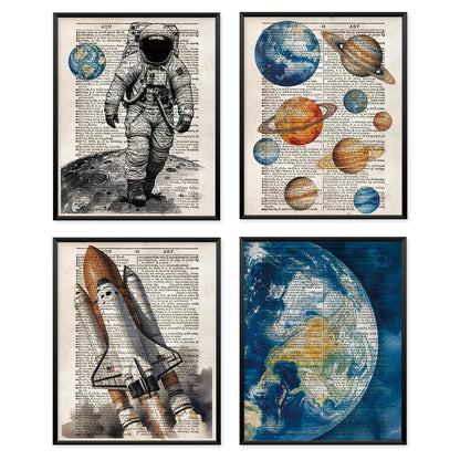 VONTP Retro Outer Space Wall Art Decor, Space Nursery Decor, Spaceman Rocket Solar System Planet Prints Poster Wall Decorations for Kids Boys Room Bedroom, 8x10 Set of 4 (Unframed)