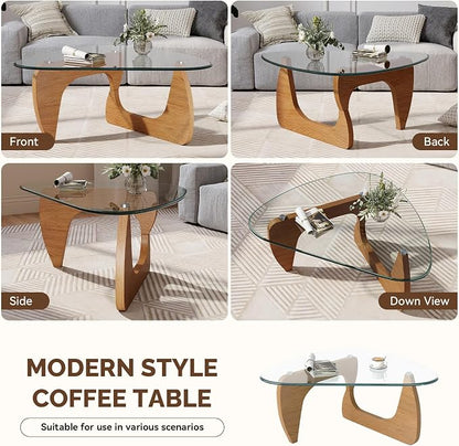 Modern Glass Coffee Table, Triangle Center Table with Tempered Glass Top& Unique Wooden Base, 31.5” Mid Century Tea Tables for Living Room, Apartment, Office,Wood &Transparent