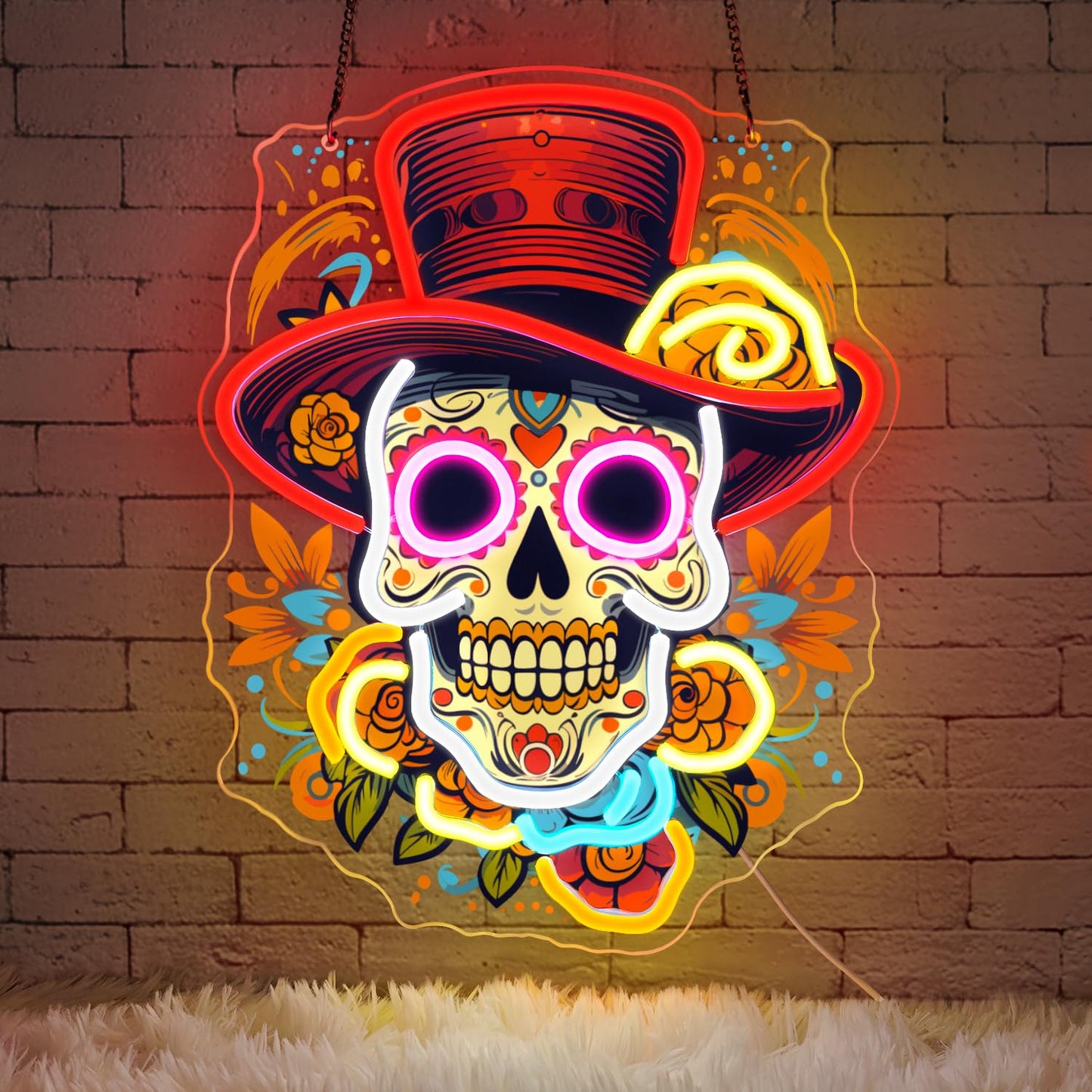 Sneignon Day of the Dead Neon Sign - Mexican Sugar Skull LED Neon Light for Home & Bar Decor,UV Printed Art with Flexible LED Strip,Halloween & Día de Muertos Party Decoration (Red）