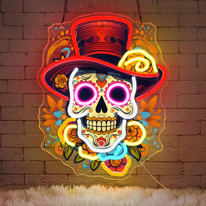 Sneignon Day of the Dead Neon Sign - Mexican Sugar Skull LED Neon Light for Home & Bar Decor,UV Printed Art with Flexible LED Strip,Halloween & Día de Muertos Party Decoration (Red）
