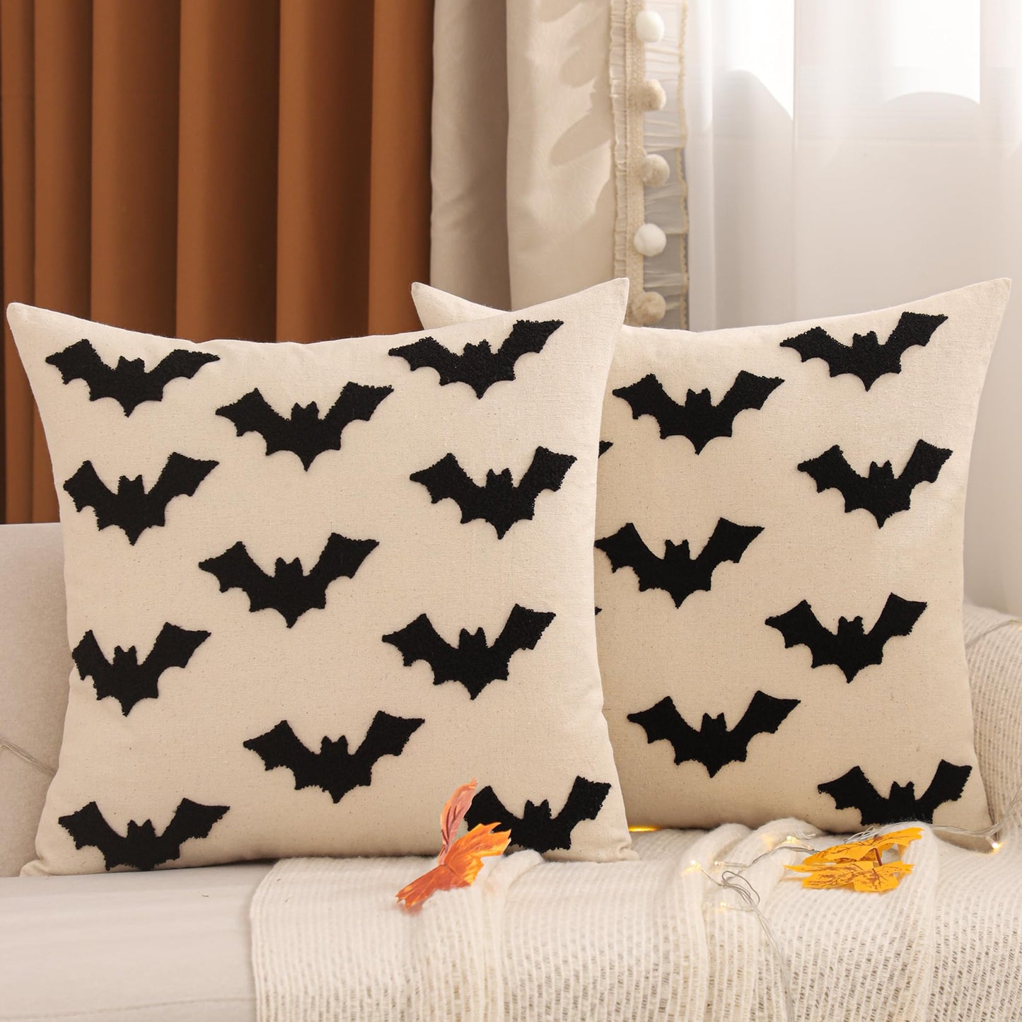 Tosleo Halloween Throw Pillow Covers 20x20 inch Set of 2 Black 3D Bats Embroidery Pillow Cases Thanksgiving Holiday Cushions Covers Home Party Fall Decor Pillowcases Cushion Covers for Sofa Bed Couch