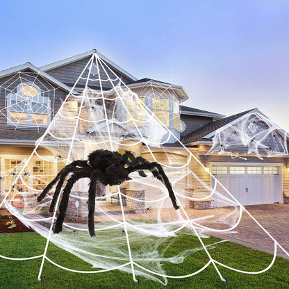 JOINSI 23ft Spider Web Halloween Decorations + 2.5ft Giant Fake Spider + Stretchy Dense Spider Silk + 20Pcs Small Spiders for Indoor Outdoor Yard Home Party Supplies Decor
