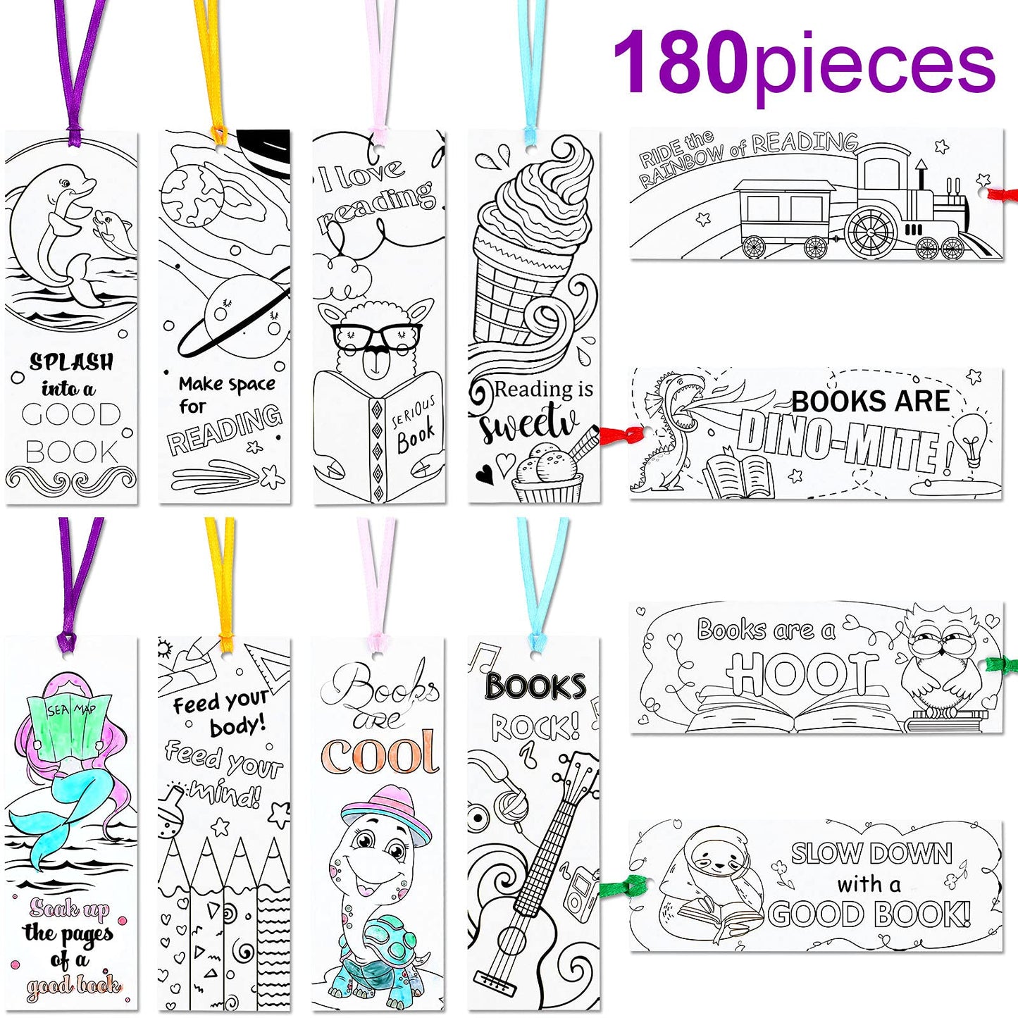 Outus Color Your Own Bookmarks DIY Coloring Blank Paper Kids Students Teachers Classroom Rewards Supplies Double Sided Patterned Boys Girls Cartoon Animals Back to School Party Gift(180 Pieces)