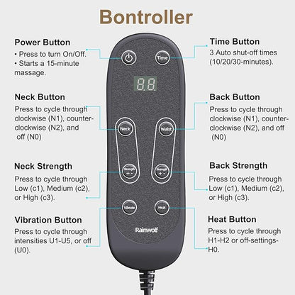 Rainwolf Shiatsu Neck and Back Massage Cushion with Heat - 4D Deep Tissue Kneading Full-Back Massager for Relief Fatigue, Adjustable Intensity & Height, for Office Chair & Home