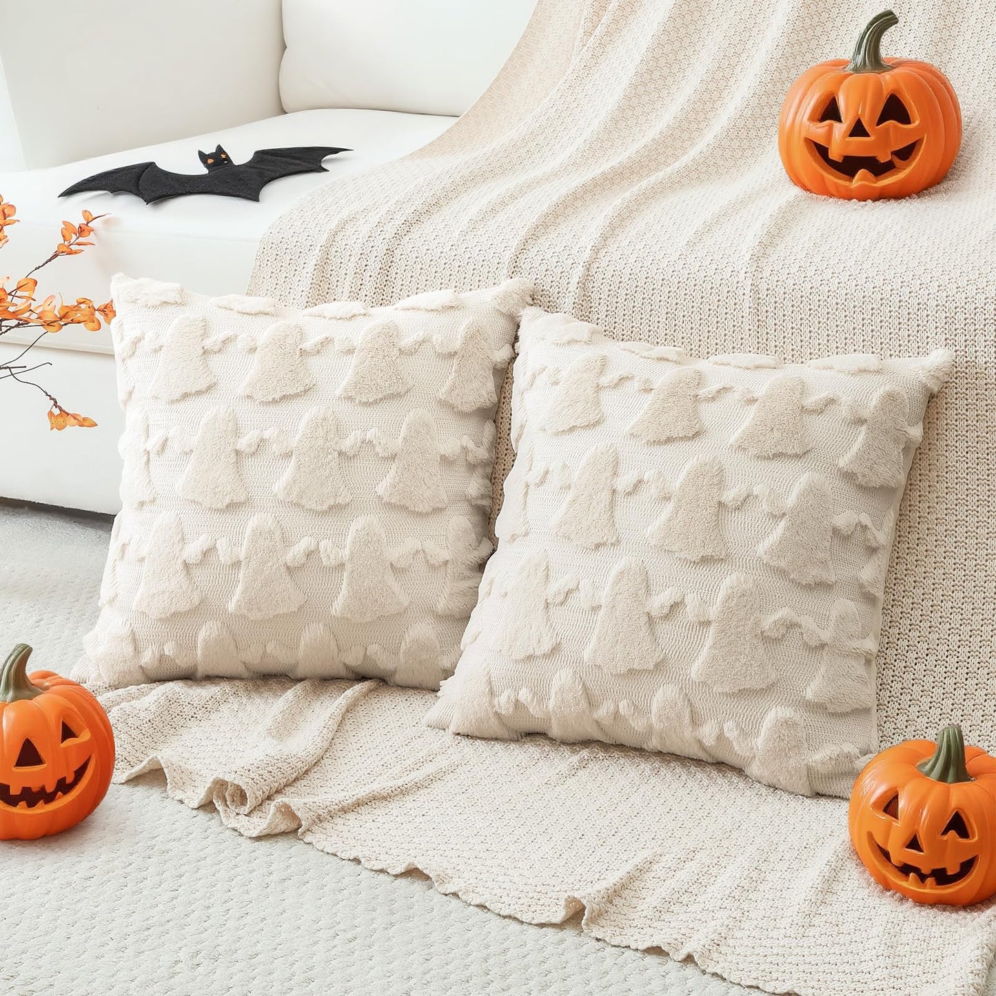 OTOSTAR Set of 2 Ghost Pillow Covers Halloween Throw Pillow Covers for Sofa Couch Bed Living Room Soft Plush Short Wool Velvet Farmhouse Throw Pillow Covers for Thanksgiving Cream Beige 14x14 Inch