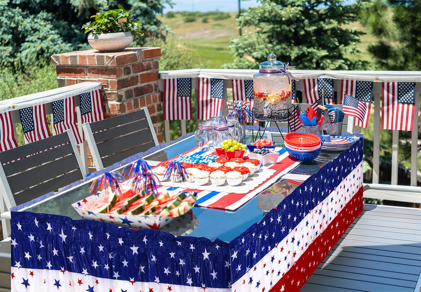AnyDesign 3Pcs Independence Day Table Skirts 2.5 x 14.1 Ft 4th of July Plastic Table Skirts Patriotic Decorations American Star Stripe Disposable Skirting for 250th Anniversary Veterans Party Supplies