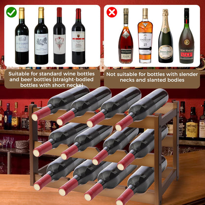 Janedream Bamboo Wine Rack 3-Tier 12 Bottle, Freestanding Countertop Wine Storage Shelf, Sturdy Natural Wine Holder Display Cabinet for Kitchen, Pantry, Dining Room & Home Bar (3 Tier)