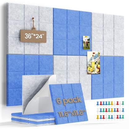 Uoisaiko Large Felt Board Tiles for Wall with 30 Push Pins, 11.8"x11.8" Pack of 6 Pin Board Notice Boards for Home Office Kitchen, Bulletin Board Wall Tiles for Photos Memos (Blue+Grey, 6 Pack)