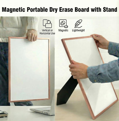 Lulu Office Magnetic Dry Erase Board 12x16 with Foldable Stand, Portable Rose Gold Desktop Whiteboard for Home, Office, School & Kitchen, Includes Weekly & Monthly Magnetic Planner Sheets