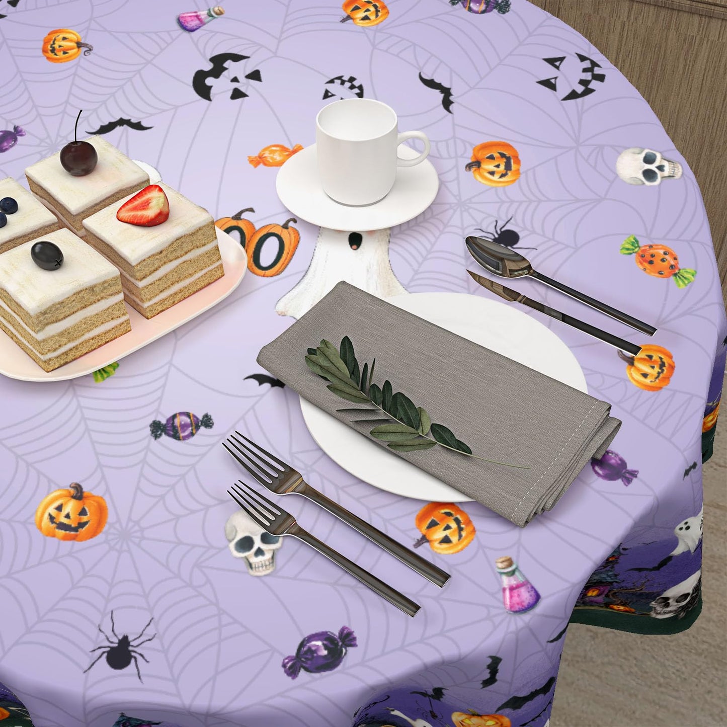 Ancordivo Halloween Round Tablecloth 60 Inch Purple Castle Spooky Pumpkin Ghost Bat Spider Web Table Cloth Rustic Holiday Table Cover for Kitchen Dinner Home Decor