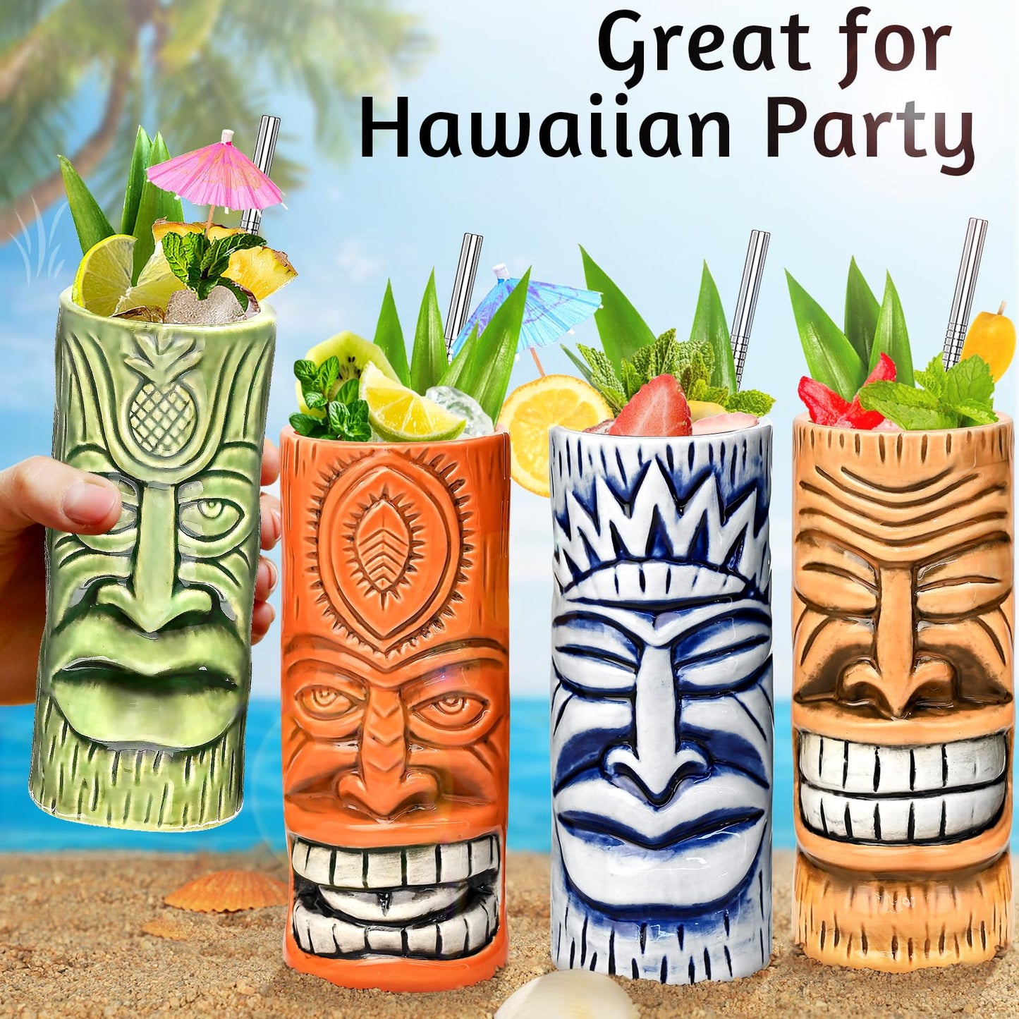 Tiki Mugs Set of 4 - Ceramic Tiki Glass Cocktail Cups, unique Cocktail Glasses, Bar Professional Hawaiian Mug and Halloween Christmas Party Barware