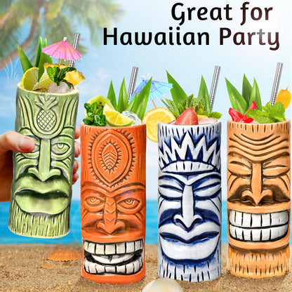 Tiki Mugs Set of 4 - Ceramic Tiki Glass Cocktail Cups, unique Cocktail Glasses, Bar Professional Hawaiian Mug and Halloween Christmas Party Barware