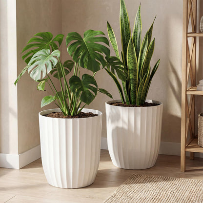 Briwooody 2 Pcs Tall Planter 15" Large Round Plastic Plant Pots with Drainage Hole and Tray White Modern Planter for Indoor Outdoor Plants Home Office Kitchen Bedroom Living Room Porch Patio Decor