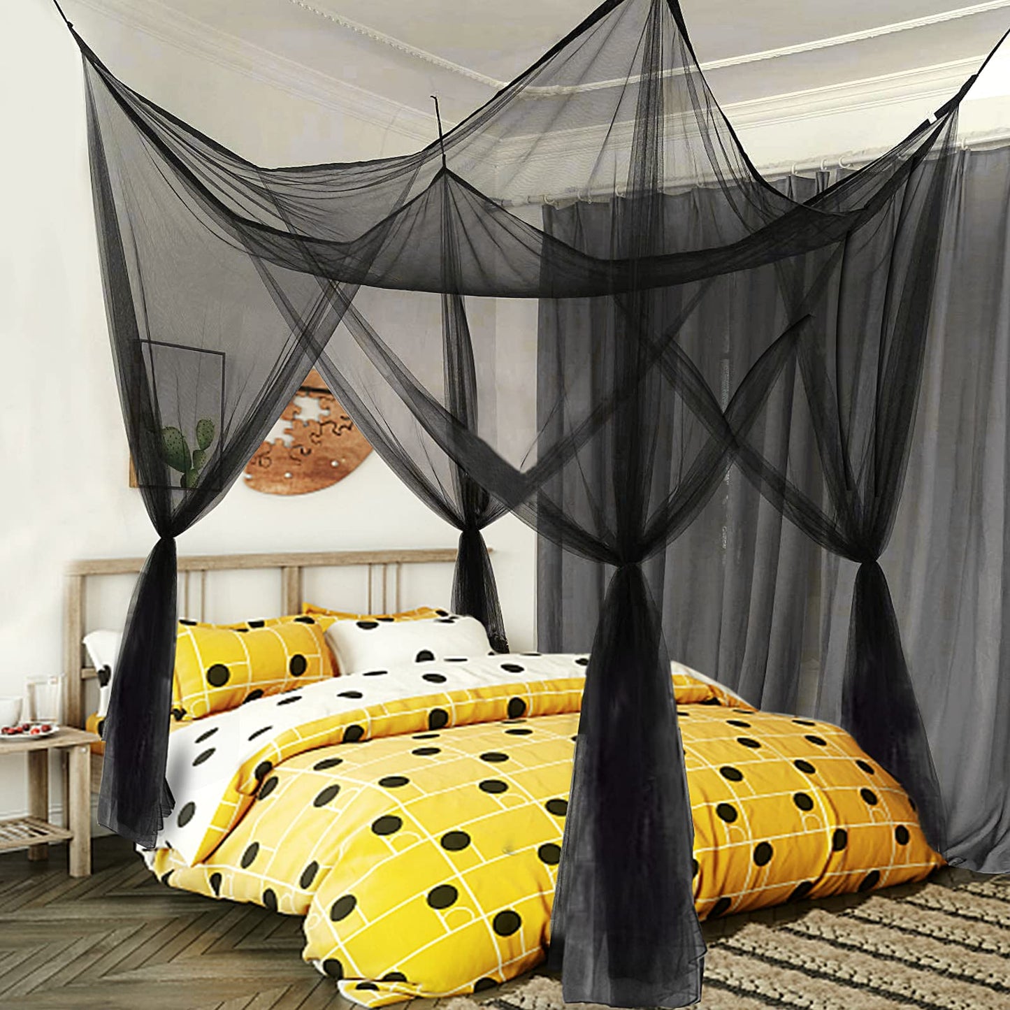 Mesh Bed Canopy Black Canopy Bed Frame Queen Canopy Bed Tents for Girls Canopy Poles for Toddler Bed, King Twin Full Size Canopy Bed for Adults Bedroom Kids Room Camping Lights Screen Netting Curtains