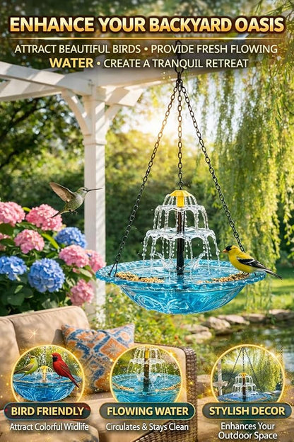 Solar Cascade Hanging Bird Bath Fountain, 2026 New Outdoor Hanging Bird Bath with Solar Fountain, Large Humming Birds Baths Fountains, with Solars Pump & Glass Bowl, for Outdoor, Gardens (#8)