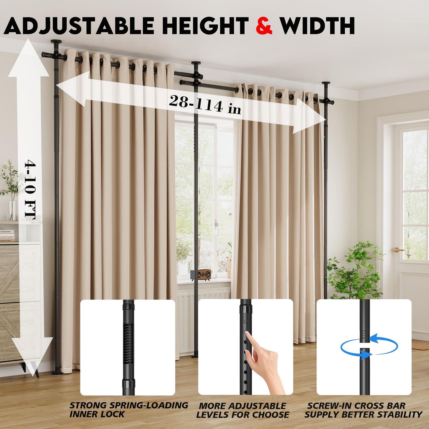 Curtain Rods No Drilling for Room Divider, Tension Curtain Rod 180in Wide Adjustable Wall Divider for Window Heavy Duty Partition Room Dividers Separation, Floor to Ceiling Space Privacy Separator