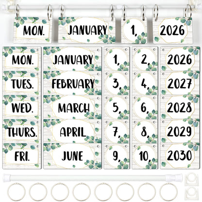 Eucalyptus Flip Calendar for Classroom Bulletin Board Set Greenery Calendar Class Whiteboard Decor with 2026 to 2030 Years Date Cards and Adjustable Rod for Home Elementary School Teacher Supplies