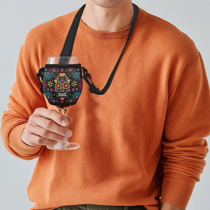 WHOSGNIHT Skull Flower Print Wine Glass Sleeve Large Neoprene Stemless Wine Glass Insulator Lanyard Hand Free Drink Holder with Neck Strap for Cocktail Festival
