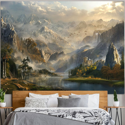Spenlife Fantasy Valley Castle Wall Tapestry, Enchanted Mountain Lake Tapestries for Room Decor, Scenic Tapestry 60x44 Inch