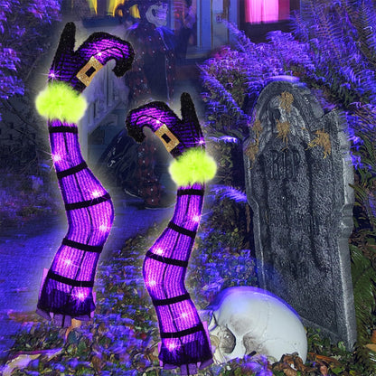 Juegoal Set of 2 Halloween Lighted Wicked Purple Witch Legs with Stakes, 22" Light Up Tinsel Halloween Yard Sign Prop Timer & 8 Modes, Battery Operated for Outdoor Party Haunted House Garden Decor