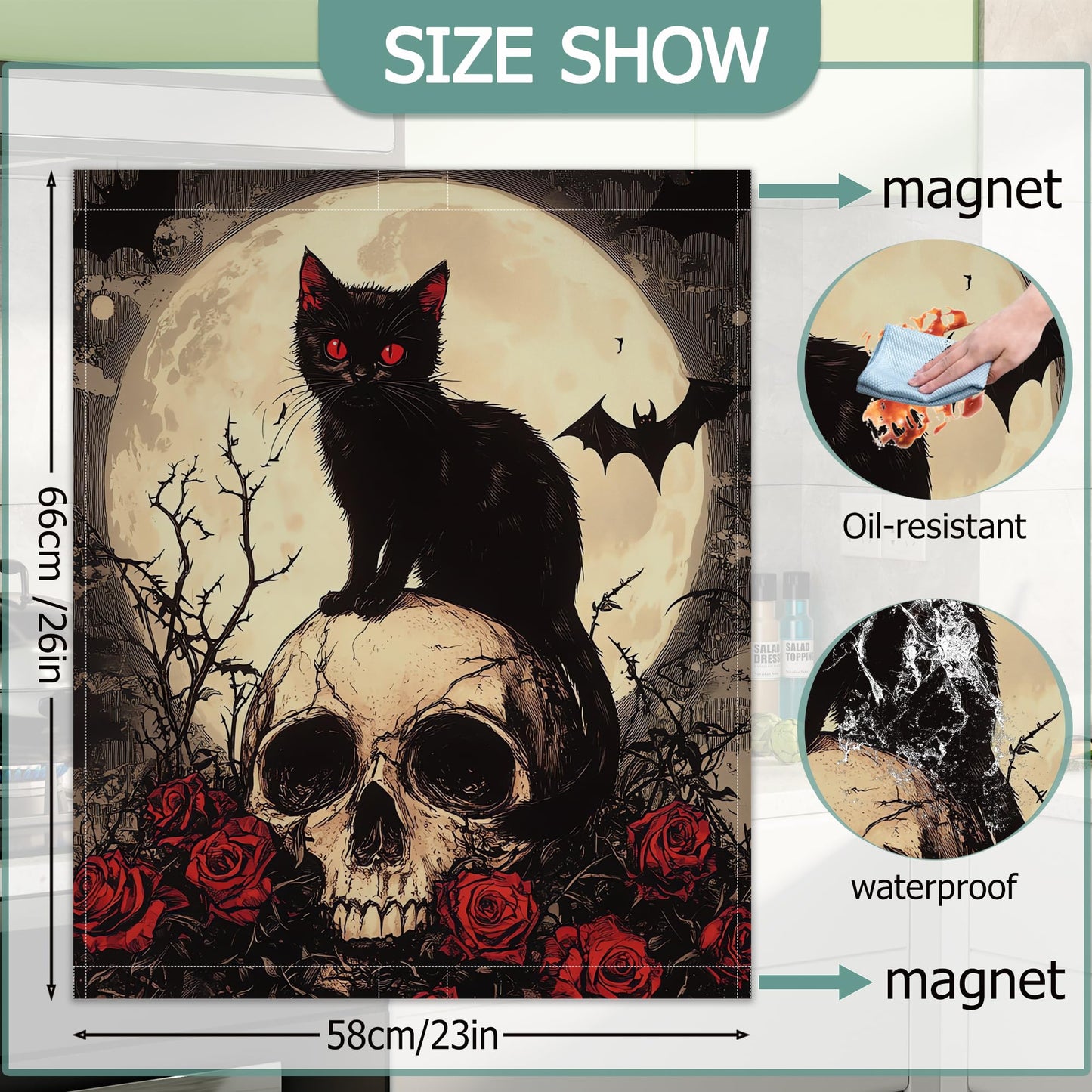 Gothic Black Cat Dishwasher Magnets Decorative Cover,Halloween Skull Flowers Waterproof Magnetic Dishwasher Cover Panel,Refrigerator Magnet Cover for Kitchen Home Decor 23x26 Inch
