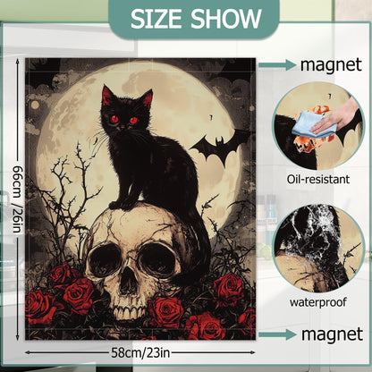 Gothic Black Cat Dishwasher Magnets Decorative Cover,Halloween Skull Flowers Waterproof Magnetic Dishwasher Cover Panel,Refrigerator Magnet Cover for Kitchen Home Decor 23x26 Inch