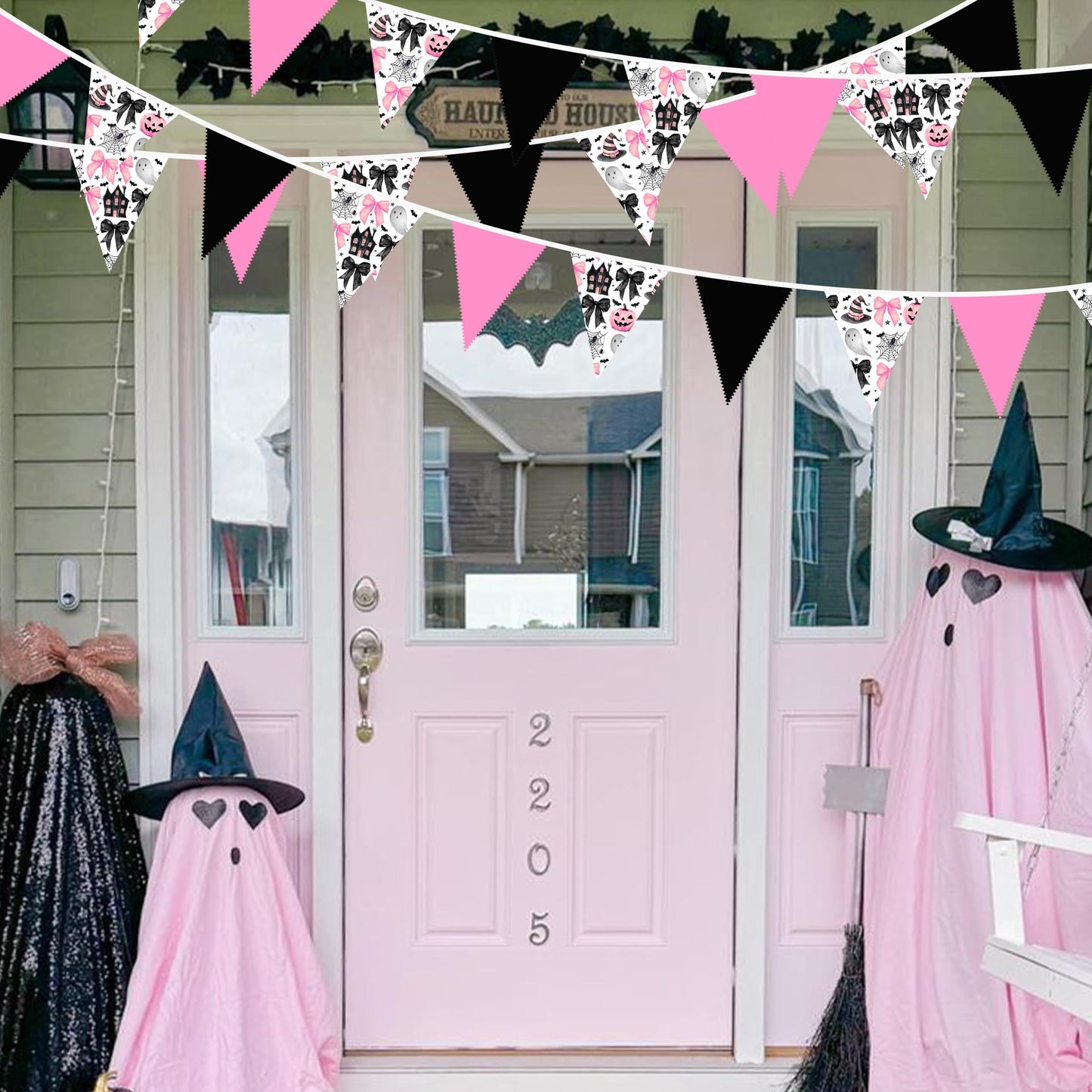 31Ft Pink Black Halloween Party Decorations Spider Bow Pumpkin Skull Bats Fabric Pennant Banner Triangle Flag Garland Streamer for Halloween Trick or Treat Birthday Baby Shower Outdoor Party Supplies