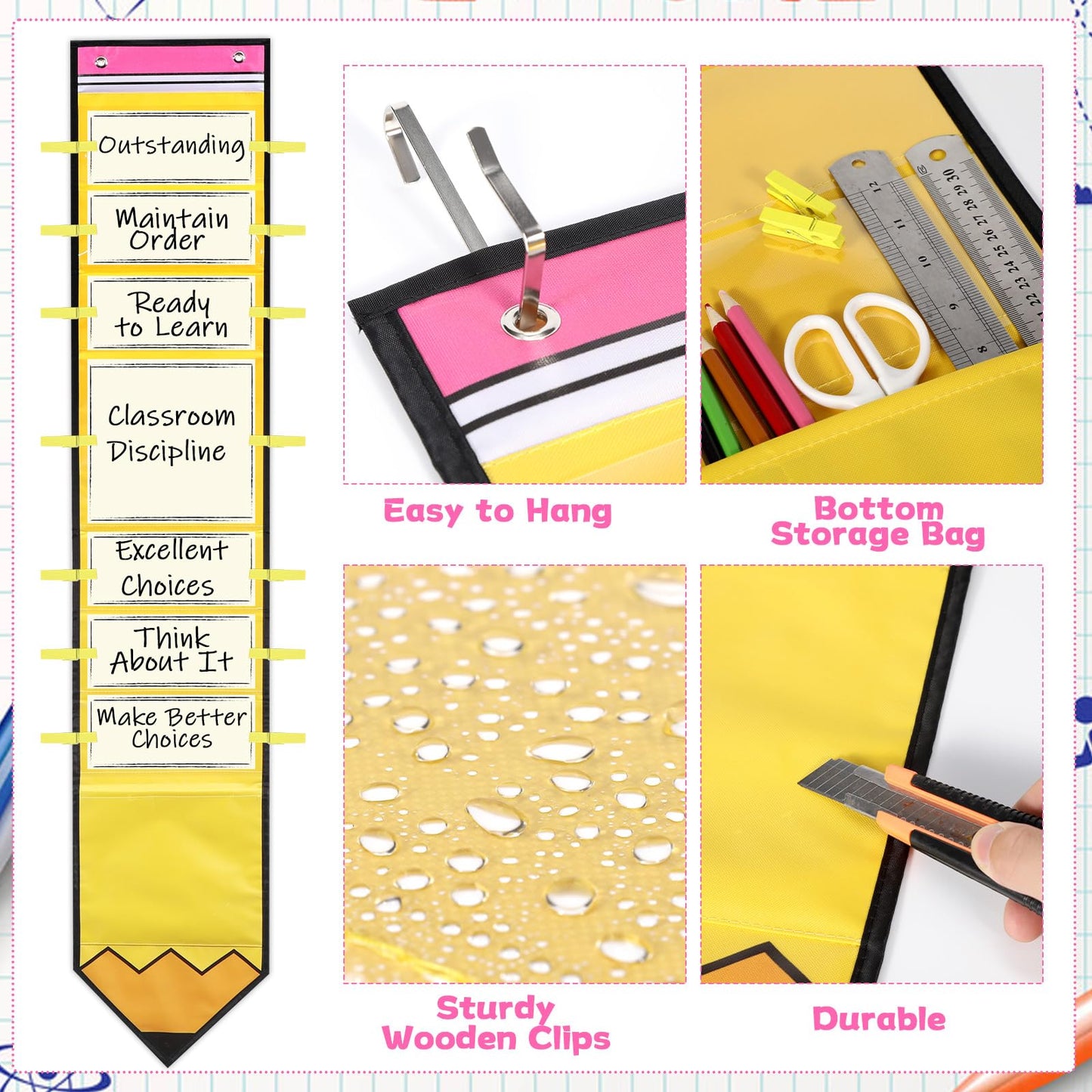 Student Behavior Chart for Classroom Management Pencil Shape Kids Track Reward Incentive Chart Hanging Creative Bulletin Board with 40 Clips for Home Preschool Daycare Back to School Teacher Supplies