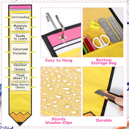 Student Behavior Chart for Classroom Management Pencil Shape Kids Track Reward Incentive Chart Hanging Creative Bulletin Board with 40 Clips for Home Preschool Daycare Back to School Teacher Supplies