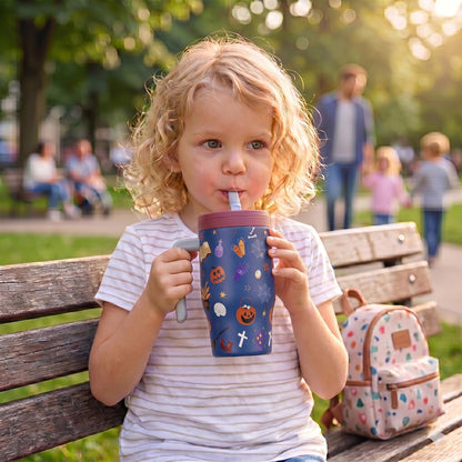 Fijinhom 18 oz Toddler Tumbler with Handle, Stainless Steel Insulated Water Bottle Coffee Mug with Straw, Toddler Cups, Kids Water Bottle for School, Sports, Travel, Ghostly Cuties