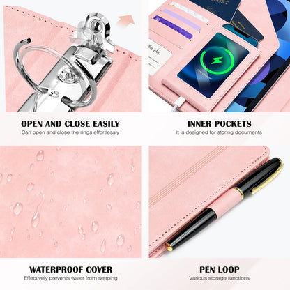 Ospelelf Leather 3 Ring Binder for Letter Size Documents with PVC Pocketed Dividers, Storage Bag & Notepad, 1 Inch Round Rings, Holds 175 Sheets, for Office School Home Organization, Flower Pink