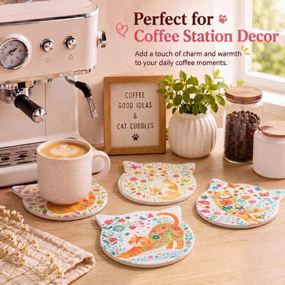 LemonRoad 4 Pack Cat Ear Coasters for Drinks 4.25 Inch Cute Absorbent Ceramic Coasters Non-slip Wooden Base for Housewarming Cat Lovers Gifts Kitchen Home Office decorate for Cold Drinks Wine Mugs Cup